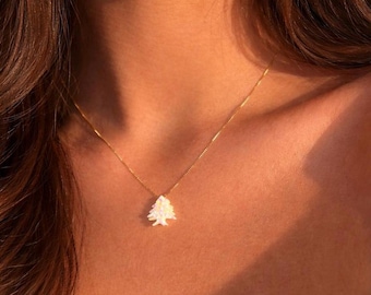 Collar de ópalo blanco de cedro del Líbano para mujer, plata de ley 925 / Collar de cedro del Líbano, color dorado