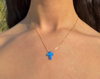 Collar con cruz de ópalo para mujer, plata de ley 925 / Collar con cruz azul y cadena dorada