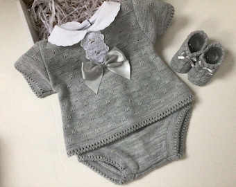 Ensemble haut en tricot de style espagnol pour bébés garçons et filles avec chaussons tricotés, panier pour bébé, cadeau pour bébé, baby shower