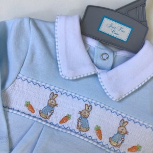 Baby boys Spanish style smocked Peter rabbit baby grow ,cotton ,blue 0-3 3-6 6-9 months , embroidered, baby gift, baby shower image 3