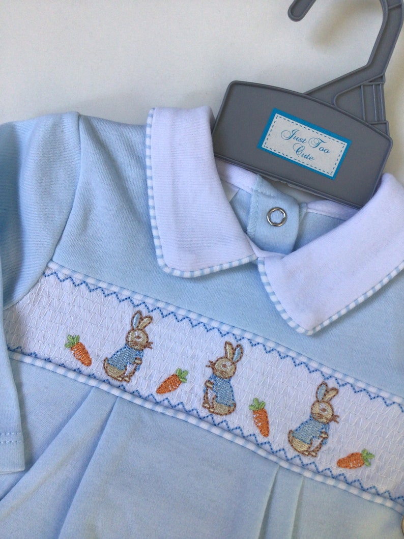 Baby boys Spanish style smocked Peter rabbit baby grow ,cotton ,blue 0-3 3-6 6-9 months , embroidered, baby gift, baby shower image 3