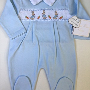 Baby boys Spanish style smocked Peter rabbit baby grow ,cotton ,blue 0-3 3-6 6-9 months , embroidered, baby gift, baby shower image 4