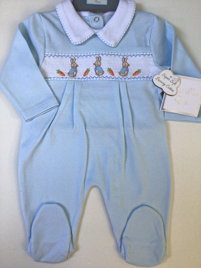 Baby boys Spanish style smocked Peter rabbit baby grow ,cotton ,blue 0-3 3-6 6-9 months , embroidered, baby gift, baby shower image 4