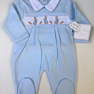 Baby boys Spanish style smocked Peter rabbit baby grow ,cotton ,blue 0-3 3-6 6-9 months , embroidered, baby gift, baby shower image 2