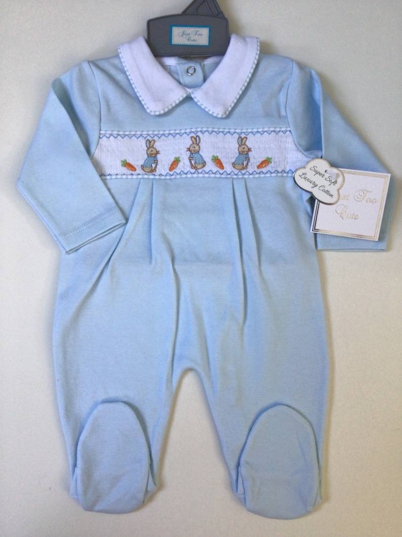 Baby boys Spanish style smocked Peter rabbit baby grow ,cotton ,blue 0-3 3-6 6-9 months , embroidered, baby gift, baby shower image 2