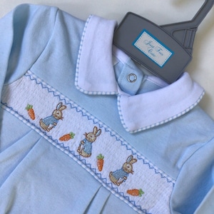 Baby boys Spanish style smocked Peter rabbit baby grow ,cotton ,blue 0-3 3-6 6-9 months , embroidered, baby gift, baby shower image 1