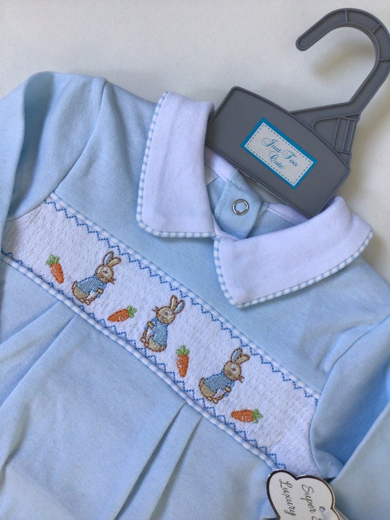 Baby boys Spanish style smocked Peter rabbit baby grow ,cotton ,blue 0-3 3-6 6-9 months , embroidered, baby gift, baby shower image 1