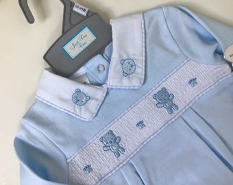 Baby boys Spanish style smocked teddy baby grow ,cotton ,blue 0-3 3-6 6-9 months , embroidered, baby gift, baby shower