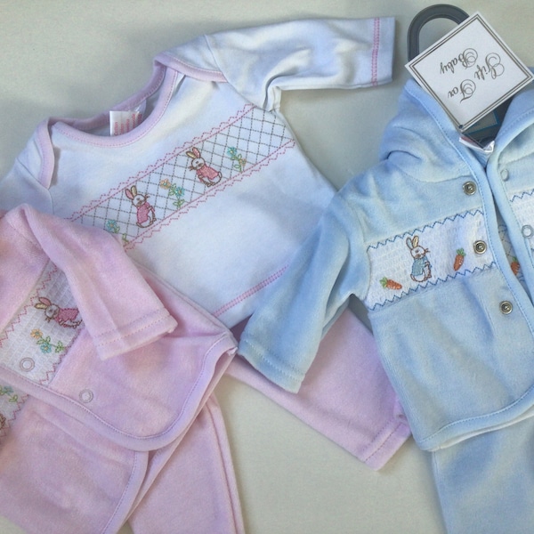 Preemie Premature Tiny baby boys girls Peter rabbit smocked velour jacket, top and bottom set outfit 3-5lbs 5-8 lbs embroidered