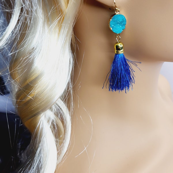 Minimalist Opal Tassel Earrings, Blue Fabric Fringe Tassel Earrings, Long Dangle Earrings for Ladies