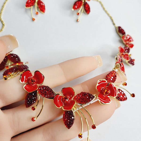 Red flower design zircon crystal necklace and earrings set