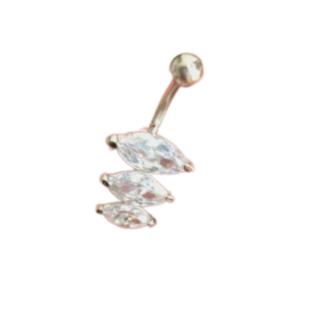 Elegant Crystal Belly Button, Small Belly Bar With Three Gemstones
