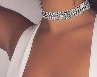 Jewellery Portal  Silver Diamante Choker Necklaces, Diamond Choker Necklace for Women, Vintage Rhinestone