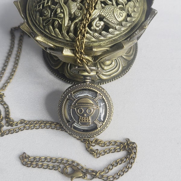 Jewellery Portal, bronze antique, collier de montre de poche à quartz avec chaîne et tête de mort anime