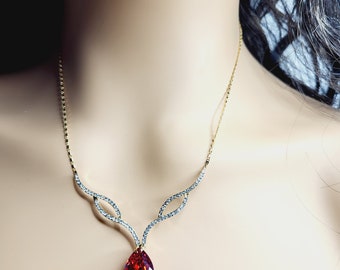 Ruby red teardrop rhinestone crystal earrings and necklace set