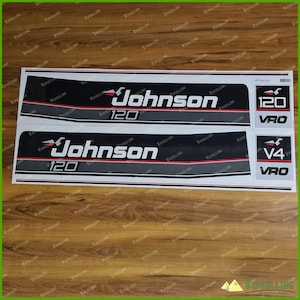 May include: Two black and white decals with red accents for a Johnson 120 outboard motor. The decals feature the text "Johnson 120" and "VRO".