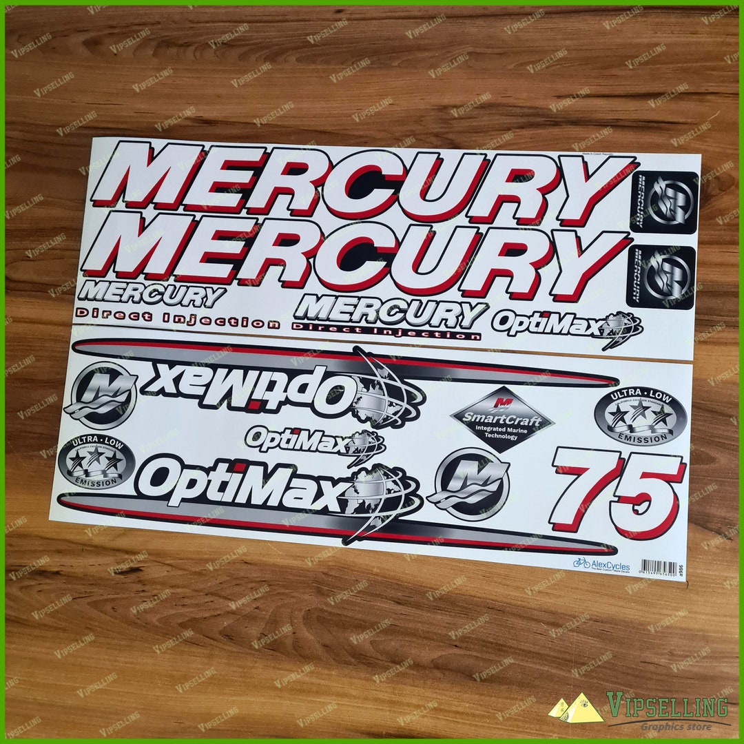 Defender Decals Mercury 75 HP Two-Stroke Outboard Engine Decal Set – Red Reproduction