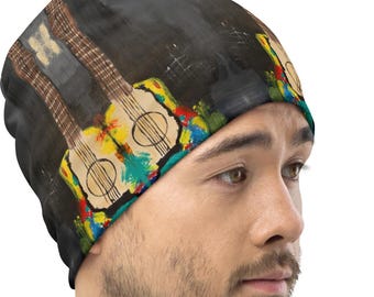Ukulele All-Over Print Beanie: Soft Double-Layered Polyester Hat, Valentine Gift for him, skull caps for men