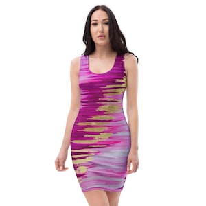Abstract Bodycon Dress | Pink & Gold Fitted Sleeveless Dress | Artistic Print Party Dress | Stretchy Summer Outfit