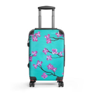 Kirschblüten Koffer | Blumen Türkis Gepäck | Einzigartige Reisetasche mit Spinner Rollen | Geschenk für Reisende