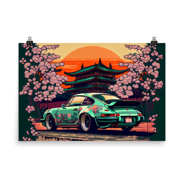 Blüten und Stahl: Japanische Blumen und ein klassischer Porsche 911 im Ukiyo-e-Stil, Angaben in Zoll