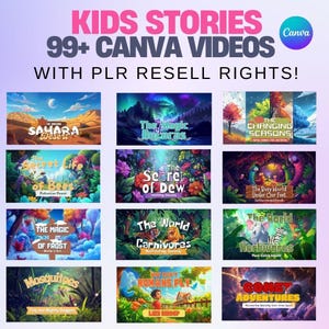 90 PLR Kids Video Stories, 1000 Fully Editable Canva Pages, ready-to-use Canva Template for Engaging Content