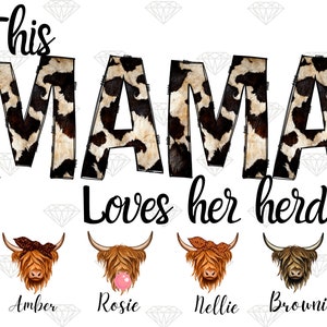 This MAMA Loves Her Heart Herd PNG with 6 highland Cow Faces, Cowhide Mom Digital File Download