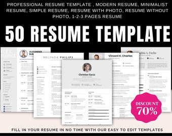 50 Resume Template Bundle, CV Template, Editable Resume Word, CV Template With / Without Photo, Editable | Modern | Minimalist and More!