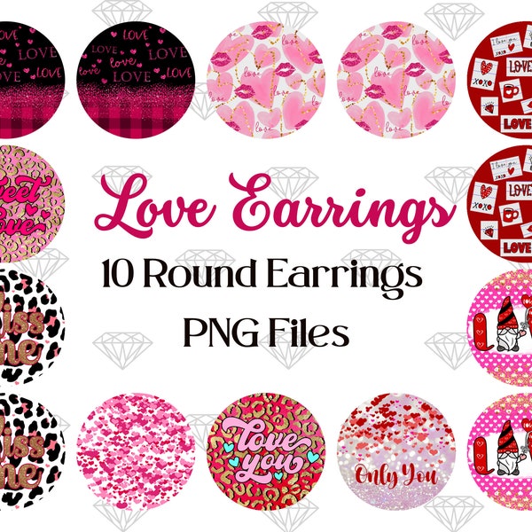 10 Round Earrings PNG Bundle, Love Earrings Sublimation, Pink And Red Hearts Earring Designs, Romantic Earrings Template, Digital File