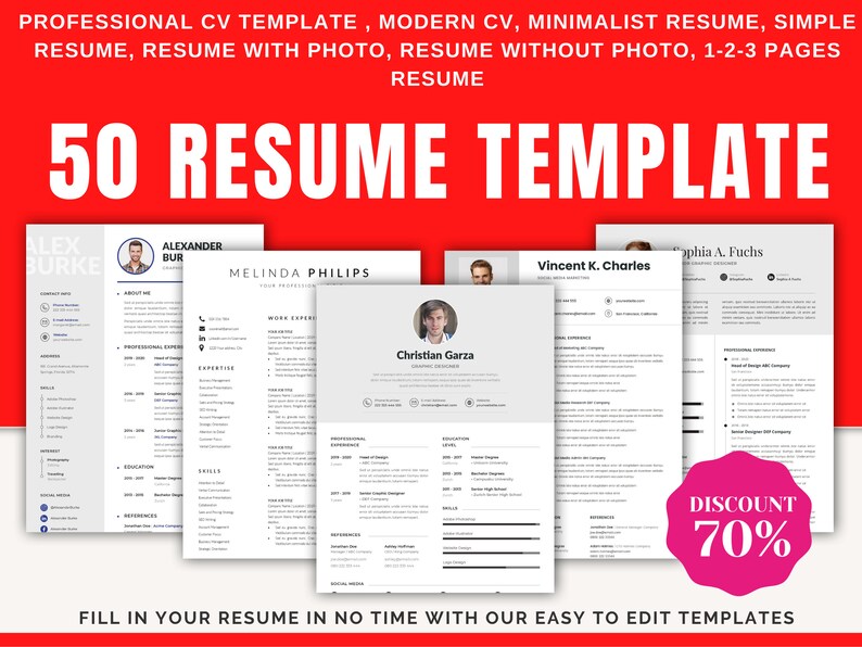 50 Resume Template Bundle, CV Template, Editable Resume Word, CV