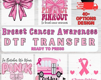 May include: A collection of pink DTF transfer designs for breast cancer awareness. The designs include a pink bow, the words "PINK OUT", a pink school bus, a pink ribbon, and the text "In October We Wear PINK".