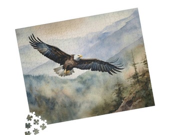 Adult Puzzle, 520 Piece, Bald Eagle, Watercolor Mountains