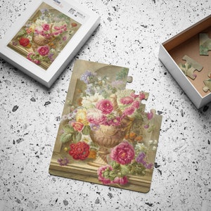 May include: A vintage-style painting of a vase filled with pink, white, and yellow flowers. The vase is decorated with a floral pattern and sits on a ledge. The background is a soft, muted green.