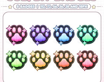 Può includere: Una collezione di otto distintivi colorati a forma di impronta di zampa con un design a notte stellata. I distintivi sono in vari colori, tra cui rosa, viola, blu, verde, giallo e arancione. Il testo in alto recita "SUB/BIT BADGES".