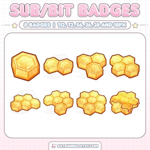 Puede incluir: Un conjunto de ocho insignias digitales sub/bit con ilustraciones de panales amarillos en varios tamaños. El texto dice SUB/BIT BADGES, 8 BADGES | 112, 72, 56, 36, 28 AND 18PX, y ASTRANEKO.ETSY.COM. Los iconos muestran celdas hexagonales.