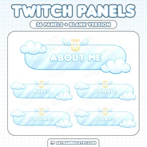 以下が含まれることがあります： 空と雲をテーマにしたデジタルTwitchパネル。「About Me」、「Rules」、「Donate」、「Socials」、「Goals」のパネルが含まれています。パネルは水色で、白い雲と金のハローアクセントが付いています。