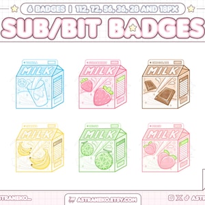 Karton mleka owocowego Sub/Bit Odznaki, Streaming Twitch/Grafika YouTube, Urocze Odznaki Sub do Streamingu/Discorda, Kawaii Cow Milk Sub Odznaki Zasobów