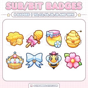 Puede incluir: Un conjunto de ocho insignias digitales etiquetadas como SUB/BIT BADGES, que incluyen ilustraciones de un panal, un cazo para miel con un lazo rosa, un tarro de miel, una colmena, una corona dorada, un lazo azul con un oso, una abeja y una flor rosa sobre un fondo de cuadrícula.
