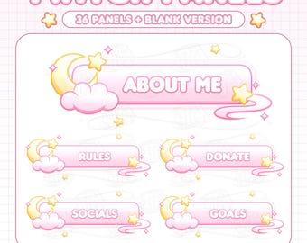 36 Star & Cloud Moon Twitch Panels Pack for Streaming | Pink Celestial Aesthetic Stream Package | Pastel Space Discord Dividers