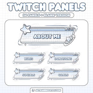 May include: Digital Twitch panels with a light blue and white color scheme. The panels include text such as "About Me", "Rules", "Donations", "Socials", and "Goals". Each panel features a star and a planet design.