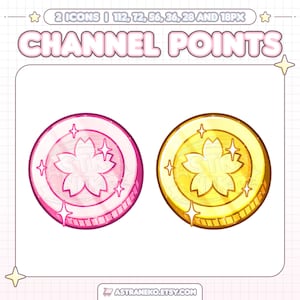 Könnte beinhalten: Zwei kreisförmige digitale Symbole mit der Aufschrift CHANNEL POINTS, bestehend aus einer rosa und einer goldenen Münze, die jeweils mit einer Kirschblüte verziert und von kleinen funkelnden Sternen auf einem Rasterhintergrund umgeben sind.