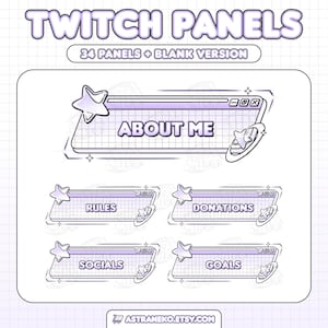 May include: Digital Twitch panels in a soft purple and white color scheme. The panels include titles such as "About Me", "Rules", "Donations", "Socials", and "Goals". Each panel features a star and a grid background. The text "Twitch Panels" is at the top.
