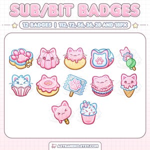 May include: A set of 12 digital sub/bit badges featuring cat-themed illustrations in pink and blue. The icons include a paw print cookie, cat-shaped pastries, a donut, a macaron, an ice cream cone, and a drink, all with cute facial expressions.