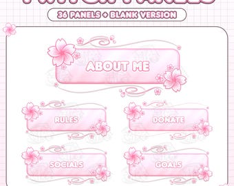 Op de afbeelding: Een set digitale Twitch-panelen met een lichtroze kleurenpalet en kersenbloesemaccenten. De tekst bevat TWITCH PANELS, 36 PANELS + BLANK VERSION, ABOUT ME, RULES, DONATE, SOCIALS, GOALS en de URL ASTRANEKO.ETSY.COM.