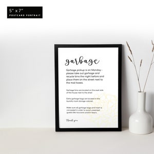 Garbage Sign, Airbnb/VRBO, Digital Template 5x7 and 8.5x11, 100% Editable, Printable, Instant Download – PEONY