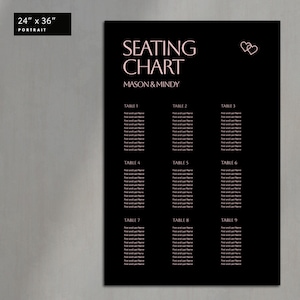 Wedding Seating Chart Sign 36x24 and 24x36, Customizable Digital Template, 100% Editable, Printable, Instant Download – MINIMALIST BLACK
