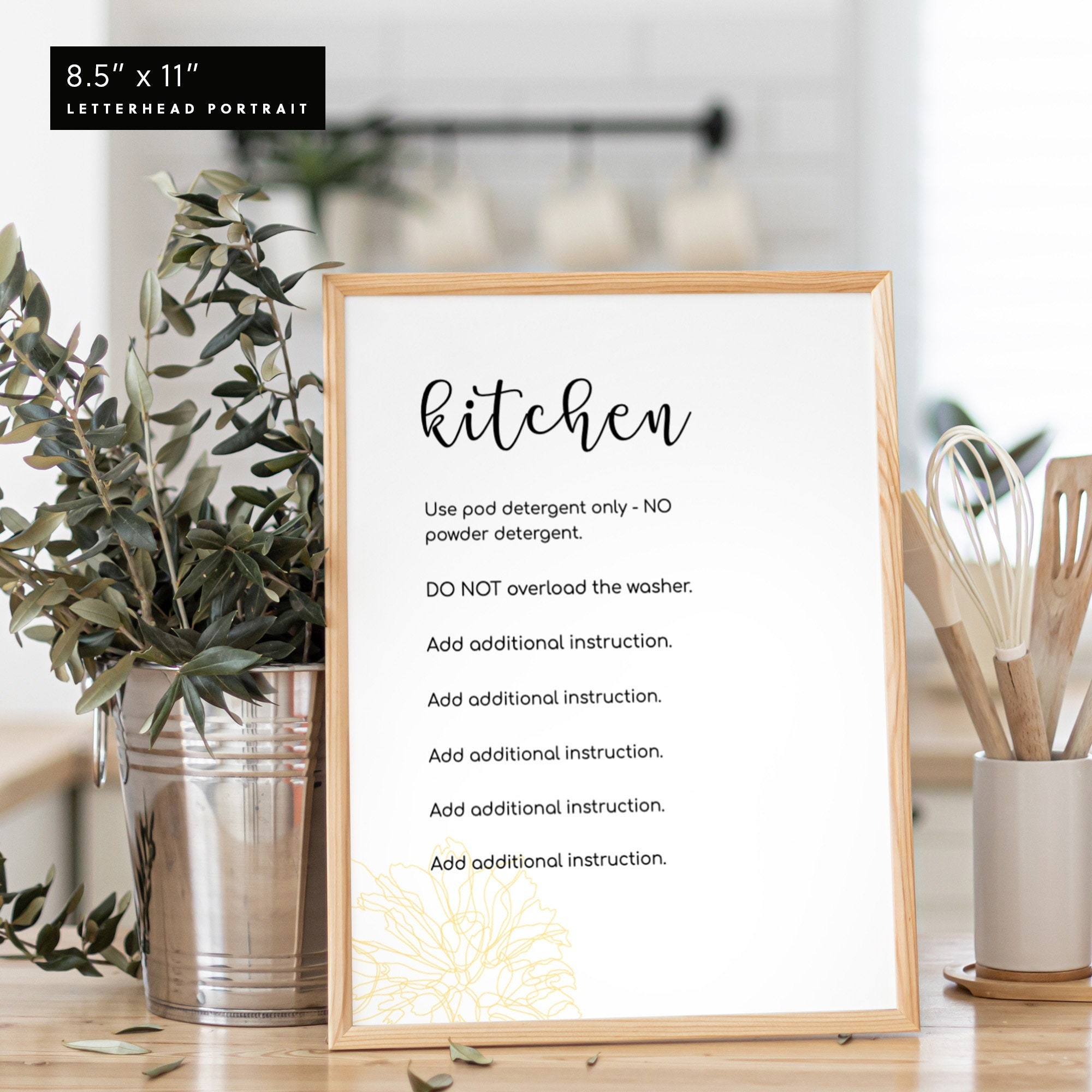 Kitchen Sign, Airbnb/VRBO, Digital Template 5x7 and 8.5x11, 100% Editable, Printable, Instant Download – PEONY