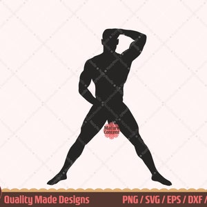 Hombre desnudo de pie vista frontal Clipart de silueta, Hombre musculoso con pene SVG Cut File, Stripper masculino NSFW Vector Art, Contenido para adultos