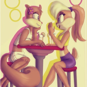 May include: Two cartoon characters, a squirrel and a rabbit, are sitting at a table with drinks. The squirrel is wearing a white tank top and a pink skirt. The rabbit is wearing a yellow tank top and a purple skirt. They are both smiling and looking at each other.