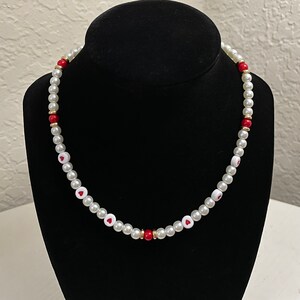 Red Pearl Necklace with Hearts // Gold / Silver Beaded // Gifts for Her
